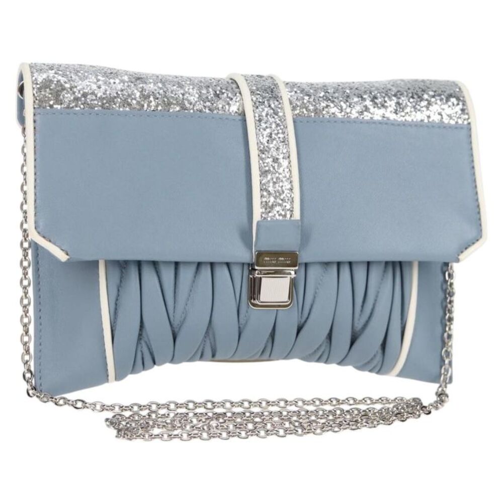 Miu Miu Madras Chain Clutch Matelasse Leather With Glitter Blue Leather Shoulder